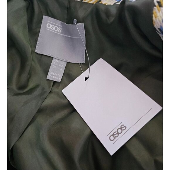 NWT ASOS yellow & blue short plaid cropped blazer with pearl accents size 8 - Picture 10 of 10